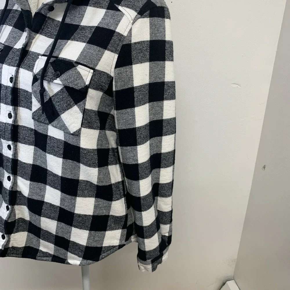 Blue Notes Sherpa Lined Buffalo Plaid Boyfriend Shirt Jacket Woman Large Hood - Picture 4 of 9
